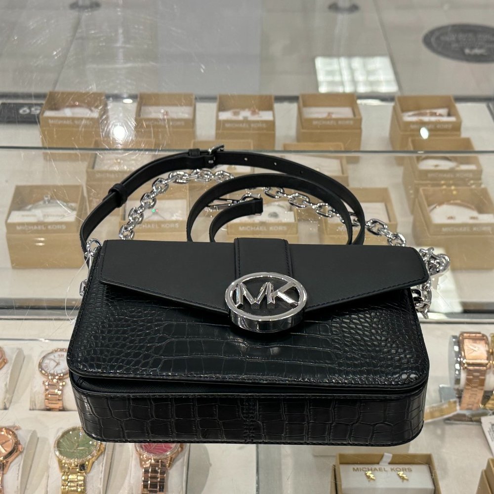Michael Kors Carmen MD Flap Shoulder Chain Crossbody Bag Embossed Black/Silver - Picture 7 of 8